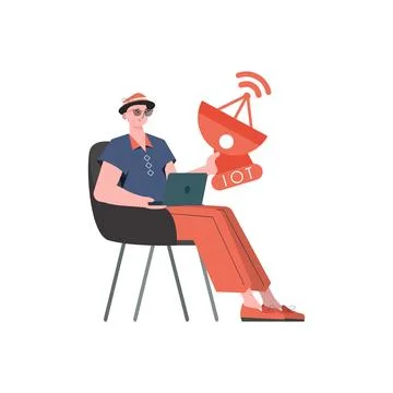 Internet of things and automation concept. The guy is holding a satellite dis Stock Illustration