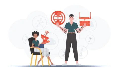 Internet of things and automation concept. The girl and the guy are a team in Stock Illustration
