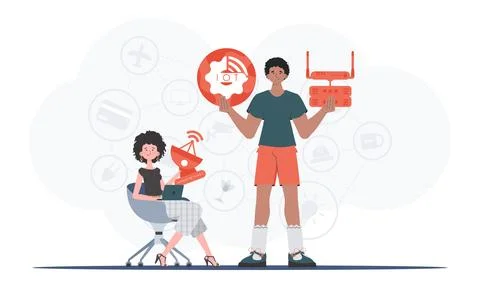 Internet of things and automation concept. The girl and the guy are a team in Stock Illustration
