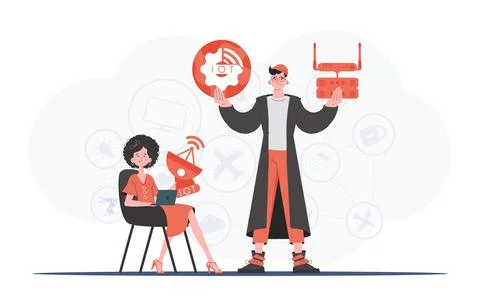 Internet of things and automation concept. The girl and the guy are a team in Stock Illustration