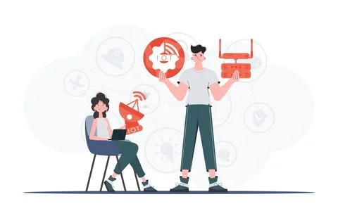Internet of things and automation concept. The girl and the guy are a team in Stock Illustration