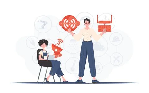 Internet of things and automation concept. The girl and the guy are a team in Stock Illustration
