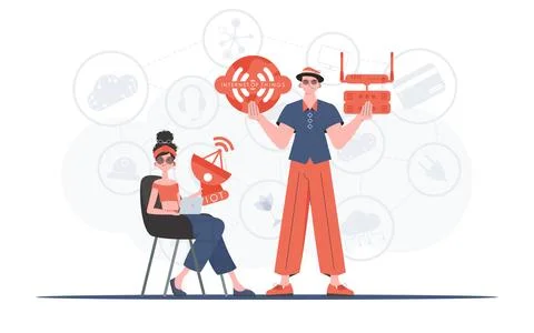 Internet of things and automation concept. The girl and the guy are a team in Stock Illustration