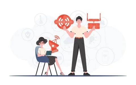 Internet of things and automation concept. The girl and the guy are a team in Stock Illustration