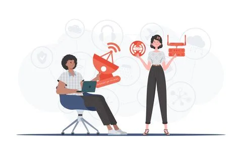 Internet of things and automation concept. The girl and the guy are a team in Stock Illustration