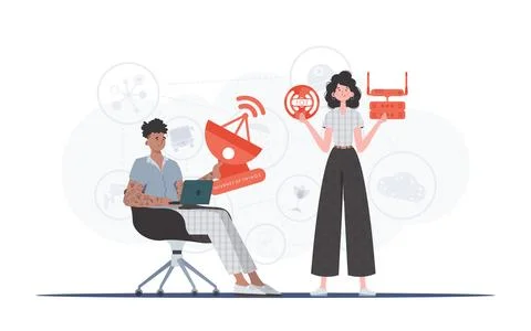 Internet of things and automation concept. The girl and the guy are a team in Stock Illustration