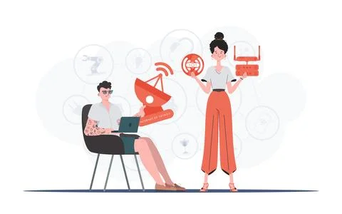 Internet of things and automation concept. The girl and the guy are a team in Stock Illustration