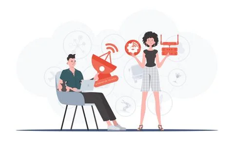 Internet of things and automation concept. The girl and the guy are a team in Stock Illustration