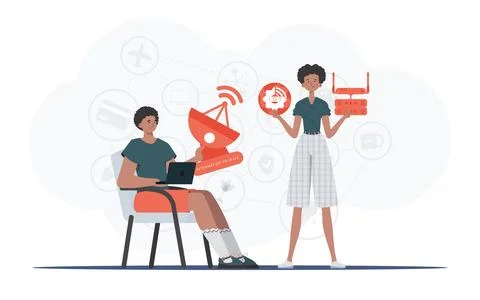 Internet of things and automation concept. The girl and the guy are a team in Stock Illustration