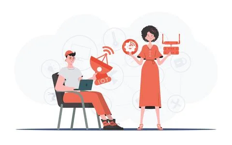 Internet of things and automation concept. The girl and the guy are a team in Stock Illustration