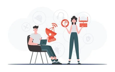 Internet of things and automation concept. The girl and the guy are a team in Stock Illustration