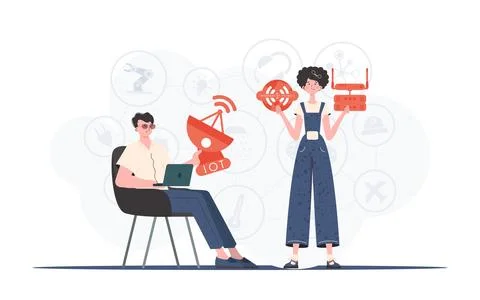 Internet of things and automation concept. The girl and the guy are a team in Stock Illustration