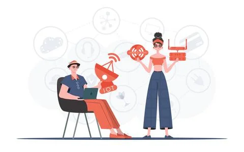 Internet of things and automation concept. The girl and the guy are a team in Stock Illustration