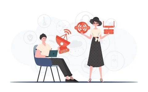 Internet of things and automation concept. The girl and the guy are a team in Stock Illustration