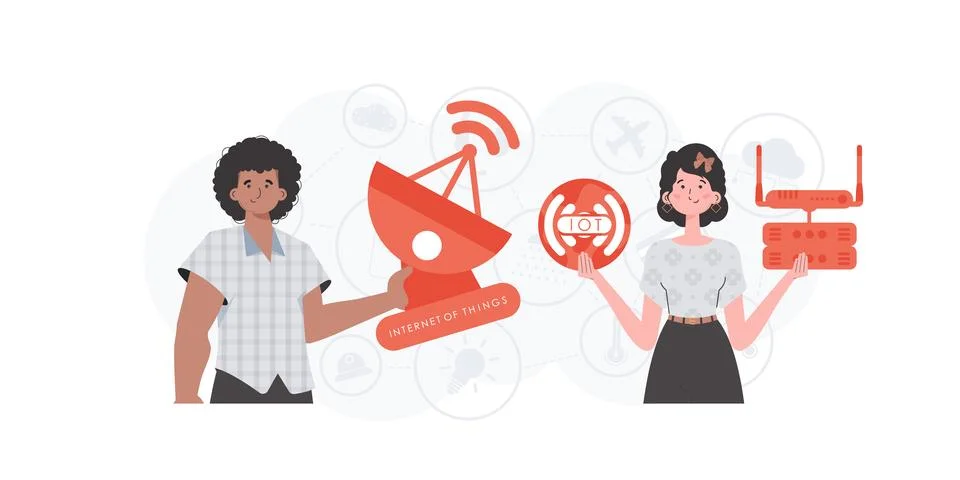 Internet of things and automation concept. The girl and the guy are a team in Stock Illustration
