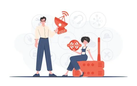 Internet of things and automation concept. A man and a woman are a team in th Stock Illustration