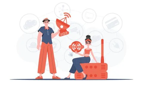 Internet of things and automation concept. A man and a woman are a team in th Stockillustratie