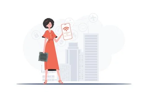 Internet of things and automation concept. The girl is holding a phone with t Stock Illustration