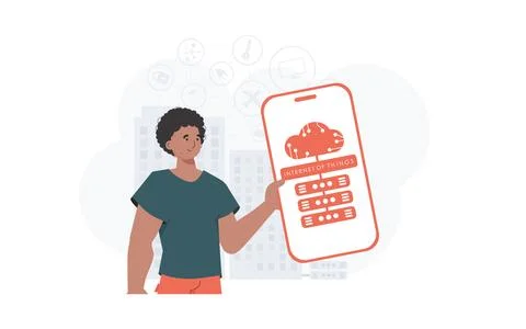 Internet of things and automation concept. The guy is holding a phone with th Stock Illustration