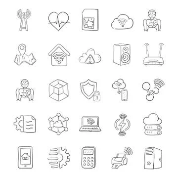 Internet of Things and Technology Hand Drawn Icons Pack Stock Illustration
