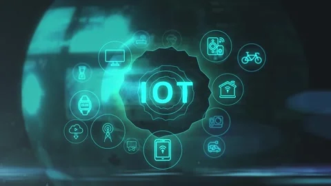Internet of things animation video. Modern futurisic icons flying around sym Stock Footage 257822987