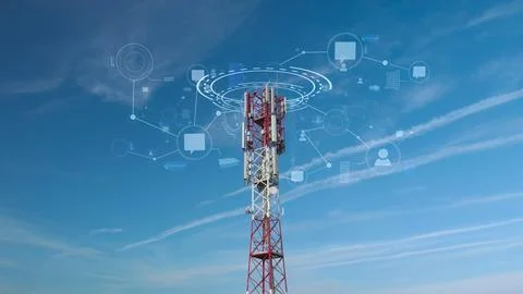 Internet of things blockchain concept, telecommunication 5G tower. Graphic Stock Photos