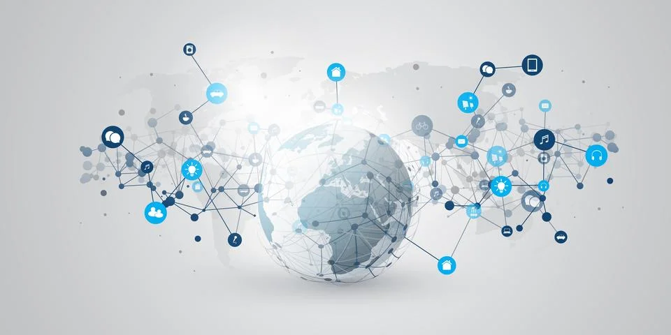 Internet of Things, Cloud Computing Design Concept with Earth Globe and Ico.. Stock Illustration