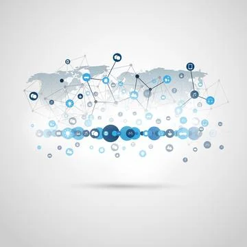 Internet of Things, Cloud Computing Design Concept with Wireframe, World Ma.. Stock Illustration