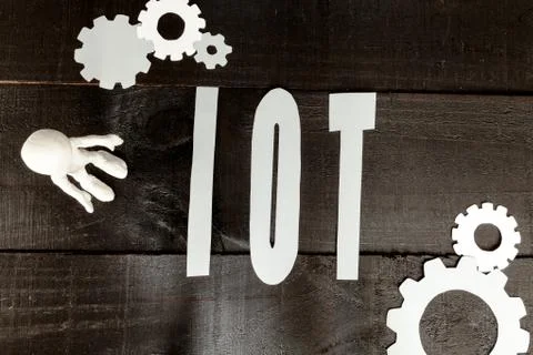 Internet of things concept, cogwheels and 3D white man Stock Photos