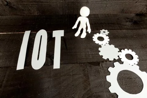 Internet of things concept, cogwheels and 3D white man Stock Photos