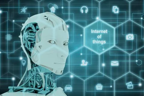 Internet of things concept with a female robot head Illustrazione stock