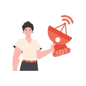 Internet of things concept. The guy is holding a satellite dish in his hands. Stock Illustration
