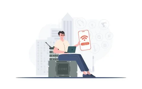 Internet of things concept. The guy is holding a phone with the IoT logo in h Stock Illustration