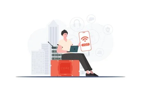 Internet of things concept. The guy is holding a phone with the IoT logo in h Stock Illustration