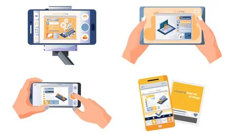 Internet of things concept human hand holding smartphone web page with modern Ilustración de archivo