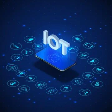 Internet of things concept. IOT isometric banner. Digital global ecosystem. M Stock Illustration