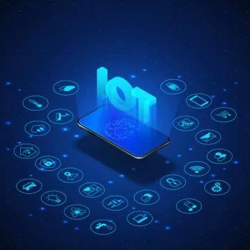 Internet of things concept. IOT isometric banner. Digital global ecosystem. M Stock Illustration