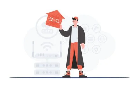 Internet of things concept. The man is depicted in full growth, holding the i Illustrazione stock