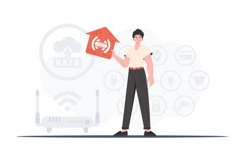Internet of things concept. The man is depicted in full growth, holding the i Stock Illustration
