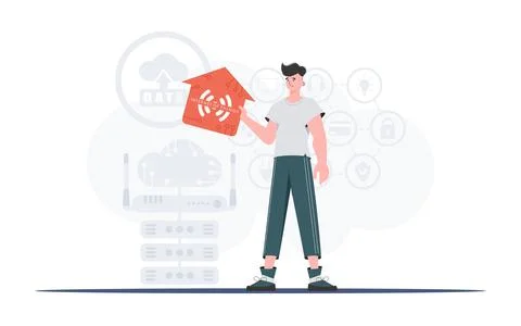Internet of things concept. The man is depicted in full growth, holding the i イラスト素材