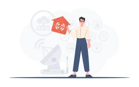 Internet of things concept. The man is depicted in full growth, holding the.. Stock Illustration
