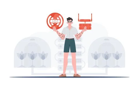 Internet of things concept. A man is holding an internet thing icon in her ha Stock Illustration