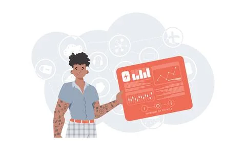 Internet of things concept. A man holds a panel with analyzers and indicato.. Illustrazione stock