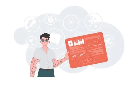 Internet of things concept. A man holds a panel with analyzers and indicato.. Illustrazione stock