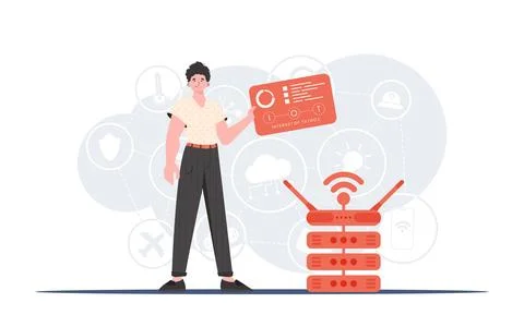 Internet of things concept. A man holds a panel with analyzers and indicators 스톡 일러스트