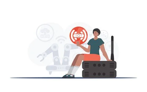 Internet of things concept. A man holds the internet of things logo in her ha Stock Illustration