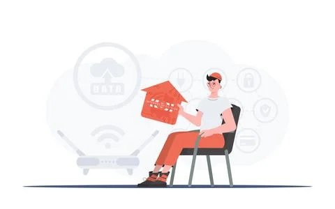 Internet of things concept. A man sits in an armchair and holds a house icon  イラスト素材