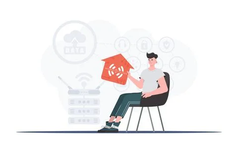 Internet of things concept. A man sits in an armchair and holds a house icon  Illustrazione stock
