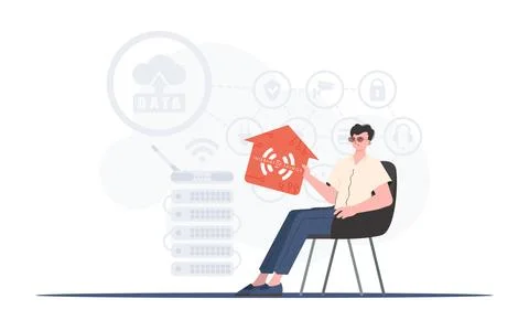 Internet of things concept. A man sits in an armchair and holds a house ico.. Stock Illustration
