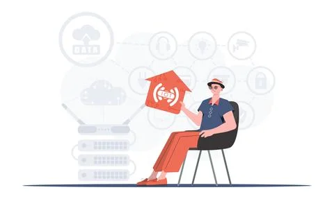 Internet of things concept. A man sits in an armchair and holds a house icon  Stockillustratie